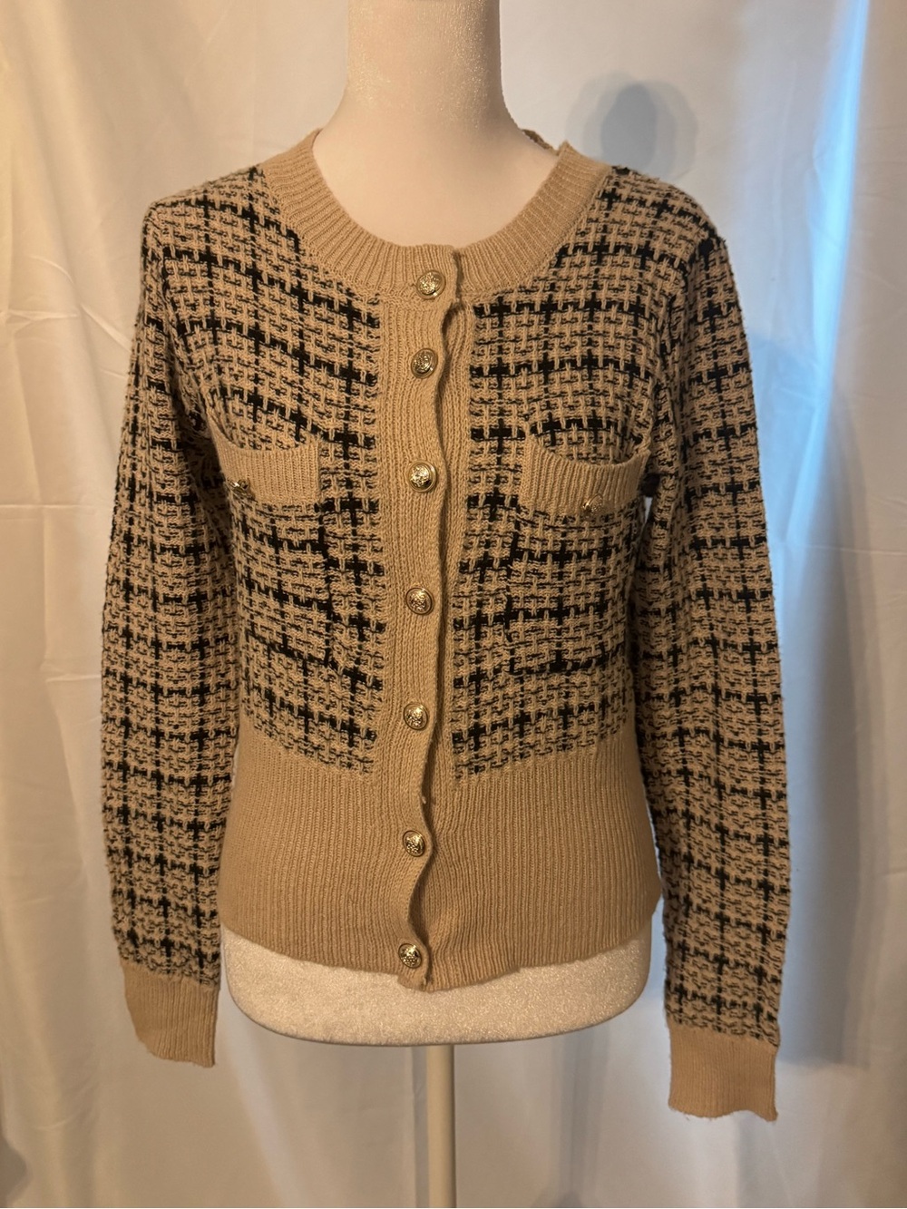 SHEIN Beige and Black Patterned Button-Front Cardigan